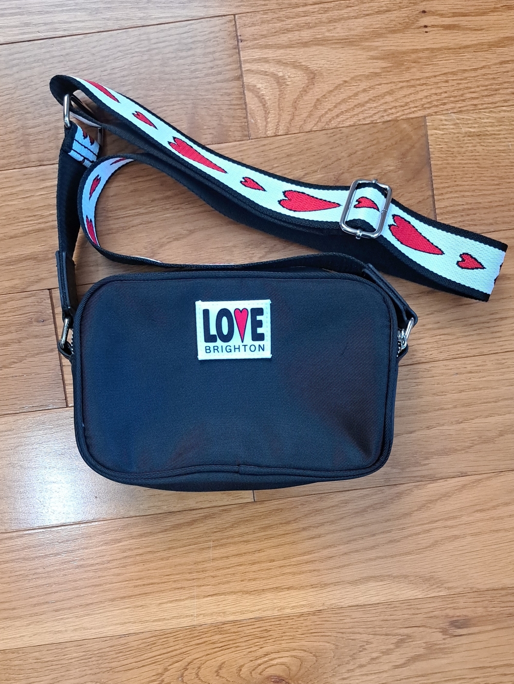 Brighton Black Crossbody Belt Bag with Red Heart Strap